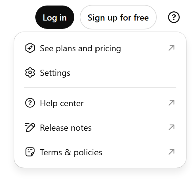 ChatGPT home screen with profile/question mark menu in top-right highlighted