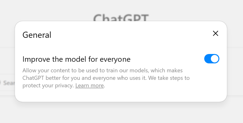 ChatGPT Settings panel with Data Controls section visible